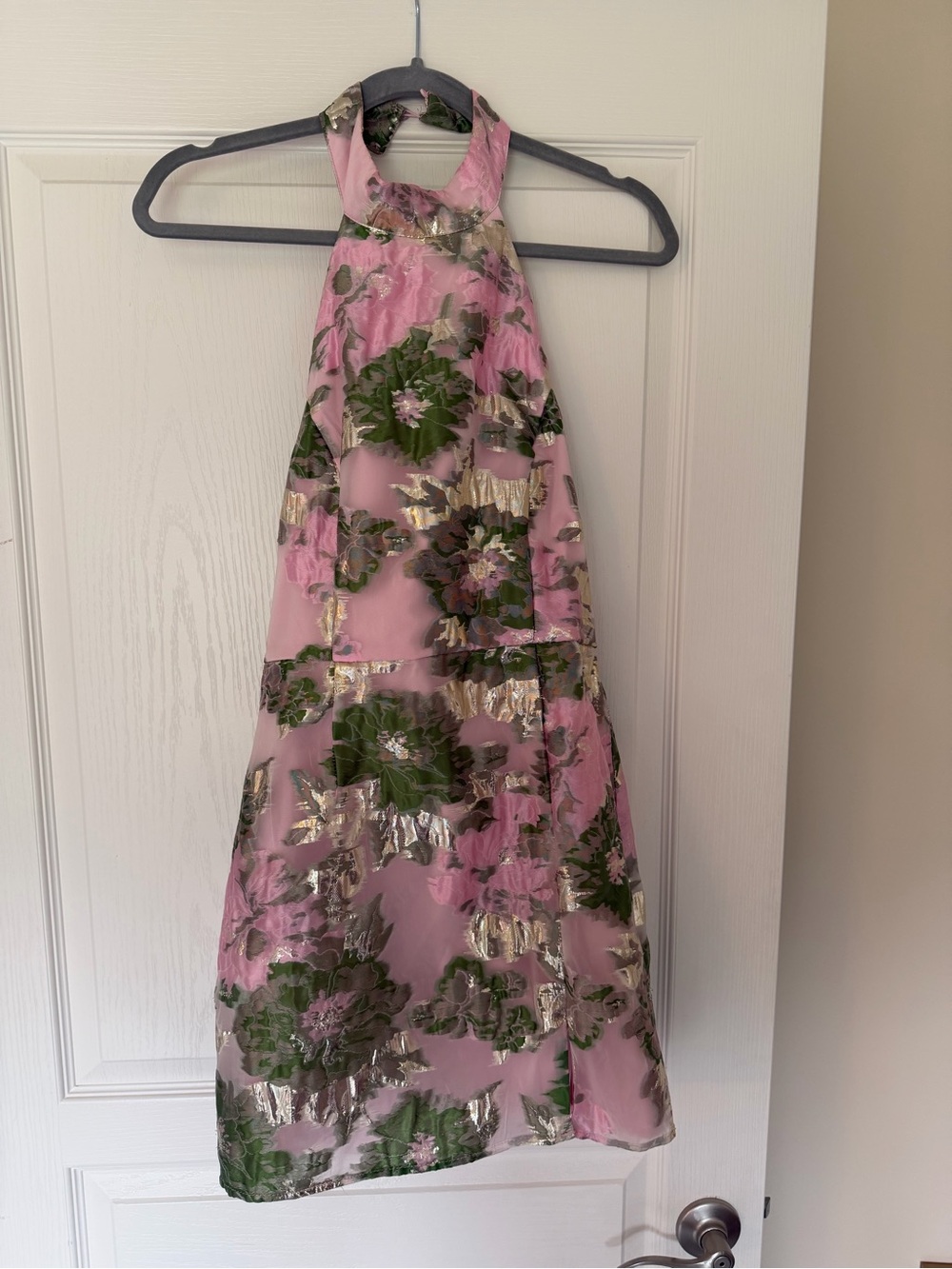 Lulu's Pink Halter Floral Dress with Green and Gold Accents